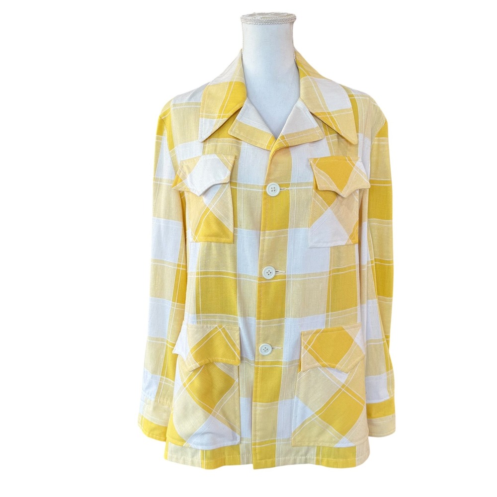 Robert Lewis‎ Idea Vintage Yellow White Plaid Button Up Utility Jacket L